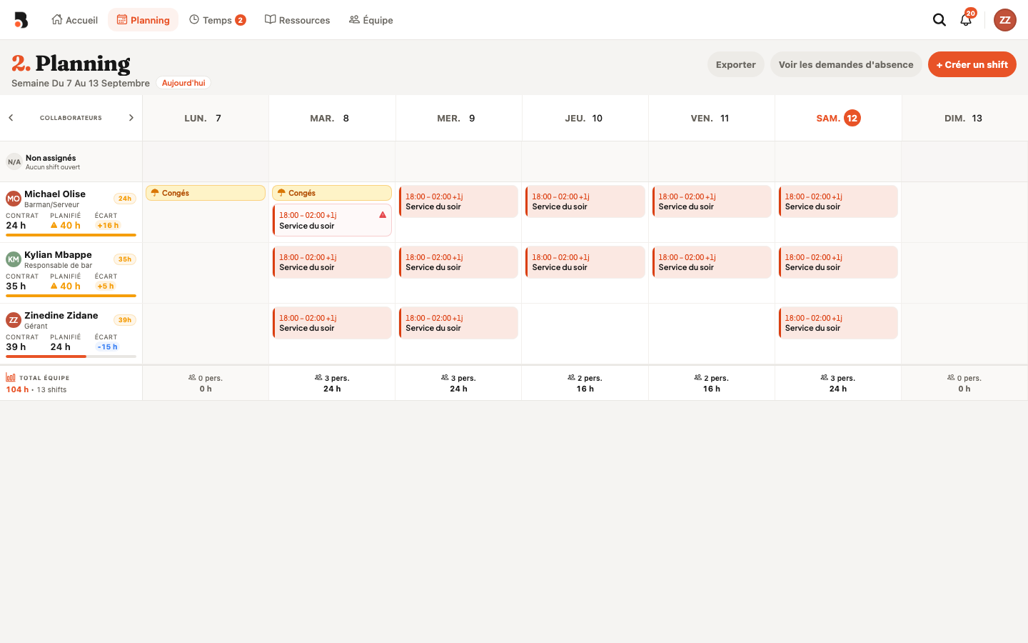 Planning hebdomadaire Bryf — grille multi-postes et shifts
