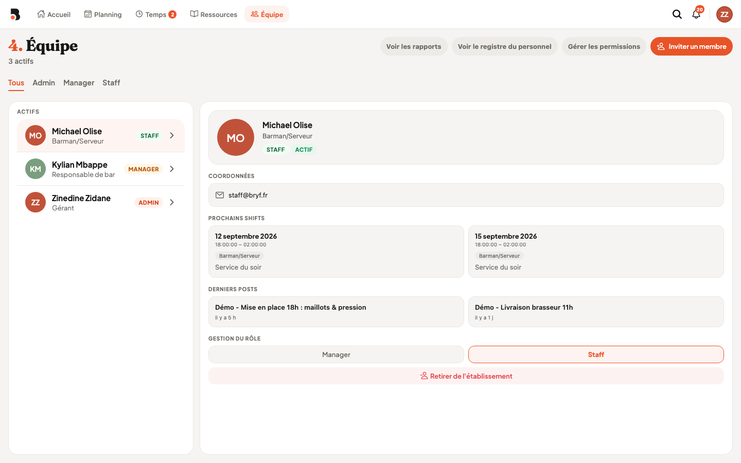 Annuaire d'équipe et gestion des collaborateurs Bryf